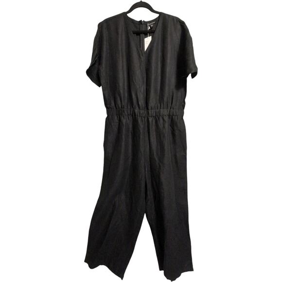 NWT Eileen Fisher Black Short Sleeve V Neck Casual Jumpsuit Linen Size L